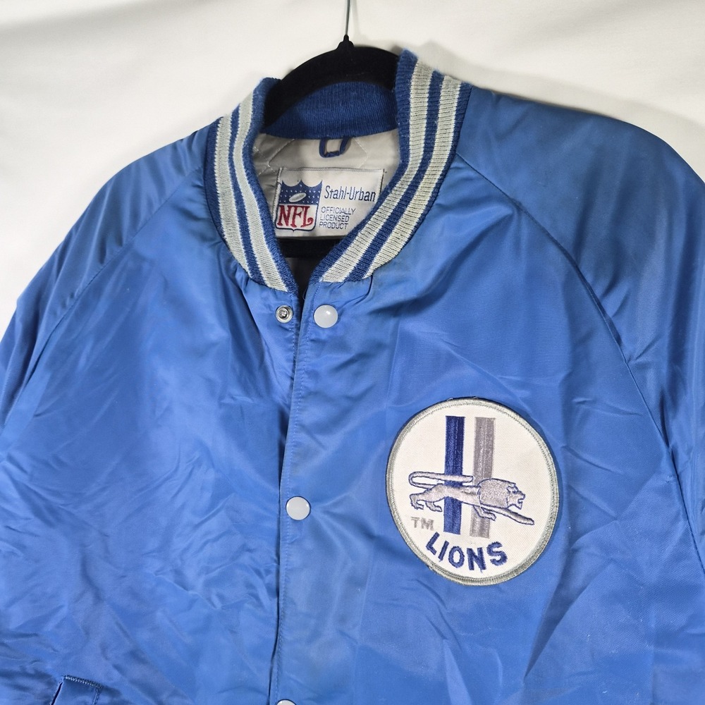 Vintage 80s Detroit Lions Stahl Urban NFL Satin Bomber Jacket Men's Medium Blue